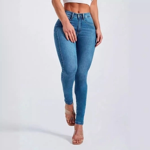 Jean skinny taille haute pour femme en denim stretch bleu délavé classique et ajusté
