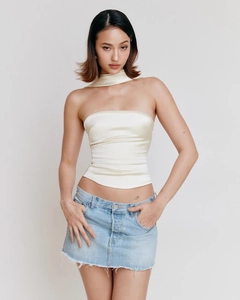 Close-up of cream satin halter tube top with matching neck scarf and slim fit design