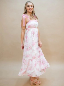 French style floral maxi dress with lace straps and a layered hem for summer vacation