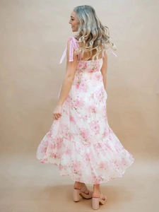 French style floral sundress with lace straps and tiered skirt for summer vacation