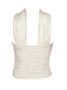 Detail of a creamy white off-shoulder tube top with pleated straps and slim-fit cut