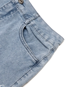 Mini-jupe en jean délavé bleu clair pour femme avec dentelle et bouton métallique chic