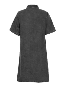 Rear view of dark grey washed denim short sleeve shirt dress with a classic turndown collar