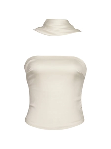 Detail of elegant ivory satin tube top and matching neck scarf with silk texture