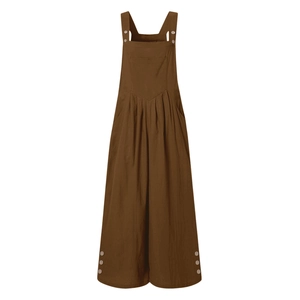 Detail view of brown wide-leg overall jumpsuit showing button accents and textured fabric