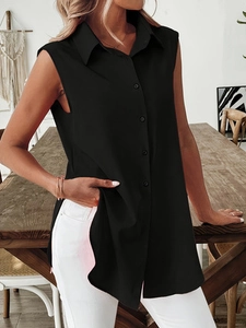Chemisier Femme Sans Manches Décontracté Col Rabattu Boutonné Fente Latérale Polyester Couleur Unie Streetwear Top Bureau