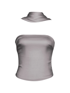 Detail of grey satin tube top set with matching choker neck piece on white background