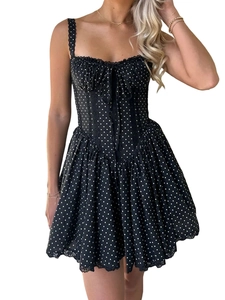 Women Polka Dot Mini Dress Retro Lace Corset Style Sleeveless Backless Summer Party Sundress Polyester Slim Fit Dress