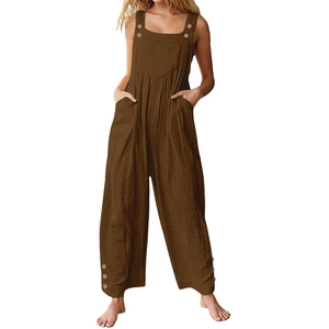 Relaxed fit women's sleeveless brown overalls featuring large front pocket and button details