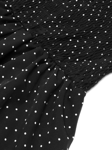 Detailed view of elastic smocking fabric with classic black and white polka dot pattern