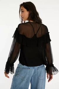 Back view of a sheer black chiffon blouse featuring elegant ruffle details and flared cuffs