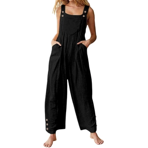 Women's casual black sleeveless overalls with button details and wide leg cut