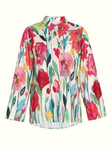 Women's floral print long sleeve button down blouse with art style colorful flower patterns