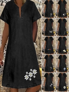 Dames V-Hals Korte Mouw Denim Stijl Jurk Bloemen Vlinder Libel Print A-Lijn Mini Jurk Casual Zomer Streetwear Zwart Bohemian