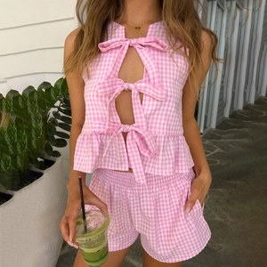 Haut Sans Manches Vichy Avec Nœud et Short Femme Volants Style Français Doux Tenue Décontractée Vacances
