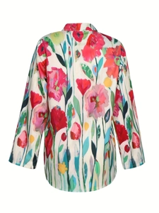 Vintage floral print long sleeve cotton linen shirt with loose fit for women