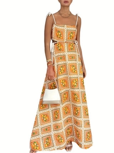 Women Mediterranean Style Lemon Print Maxi Dress Hollow Out Waist Tie Strap Sleeveless V-Neck Summer Vacation A-Line Dress