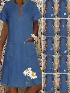 Women Casual Dark Blue Denim Midi Dress V-Neck Short Sleeve With Pockets Floral Butterfly Print Summer Boho Sundress