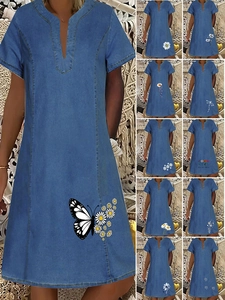 Abito Midi in Denim Casual da Donna Scollo a V Manica Corta Stampa Floreale Viscosa Denim Morbido Abito Estivo a Linea A