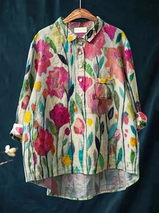 Vintage Women Floral Print Long Sleeve Shirt Casual Loose Lapel Button Up Blouse With Chest Pocket High Low Hem Top