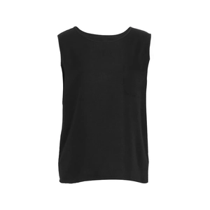 Detailed view of women's black sleeveless cotton tank top with a subtle chest pocket