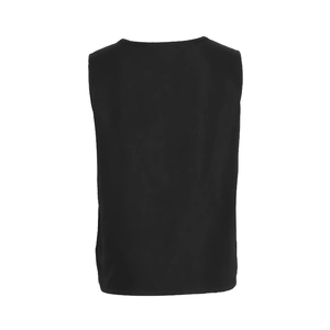 Rear view of black sleeveless cotton linen top showing slim fit cut and crew neck