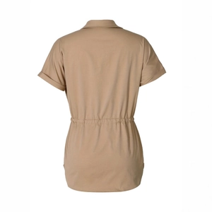 Detail view of khaki safari shirt back showing elastic drawstring waist and rolled sleeves