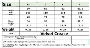 Size guide for velvet crinkle top showing length bust waist and sleeve dimensions