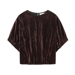 Elegant Women Velvet Ruched Balloon T-Shirt Lantern Sleeve Round Neck Solid Color Casual Short Sleeve Velvet Top