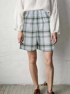 Women Casual Plaid Shorts High Waist Elastic Waist Polyester Plaid Pattern Breathable Loose Short Pants Daily Fashion