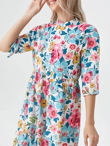 Women Floral Print Maxi Dress Short Sleeve Stand Collar Loose A-Line Summer Bohemian Holiday Beach Long Sun Dress