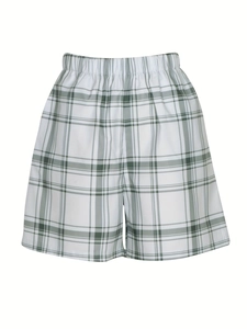 Classic white and green plaid high-waisted shorts with elastic waistband for casual wear