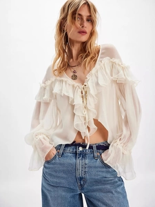 Women Sexy V Neck Ruffle Chiffon Blouse Long Sleeve Tie Up Solid Color Sheer Mesh Boho Top For Daily Party Vacation