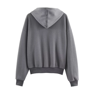 Rear view of a grey ribbed hooded sweatshirt featuring drop shoulders and elastic cuffs