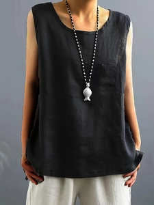 Women's Casual Sleeveless Tank Top Round Neck Loose Fit Pullover Vest With Chest Pocket Summer Boho Fashion Streetwear Top