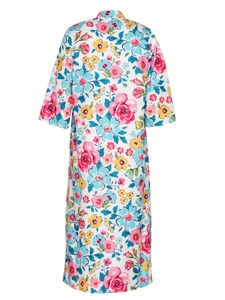 Women's summer floral short sleeve dress with colorful flower print on white fabric