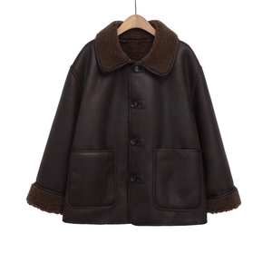 Giacca Reversibile Casual da Donna in Ecopelle e Pelo d'Agnello Revers Tasca Marrone Retro Streetwear Cappotto Invernale