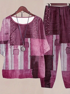 Close-up of women's burgundy two-piece set featuring patchwork stripes and frayed edges