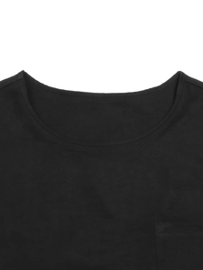 Women's black cotton linen sleeveless tank top with crew neck and front pocket detail