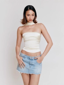 Sexy Satin Tube Top And Choker For Women Ruched Slim Fit Crop Top Sleeveless Backless Party Vest Streetwear Top