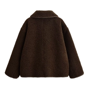 Women's double-sided brown faux shearling jacket with warm texture and loose fit
