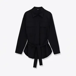 Camicetta Utility da Donna Nera con Cintura Manica Lunga Colletto a Revers Tasca Lacci in Vita Tinta Unita Camicia in Poliestere