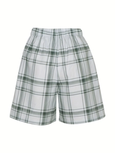 Classic high-waisted plaid shorts with elastic waistband and green checkered pattern