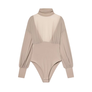 Elegante body a collo alto con inserti in mesh e maniche a palloncino in beige marrone