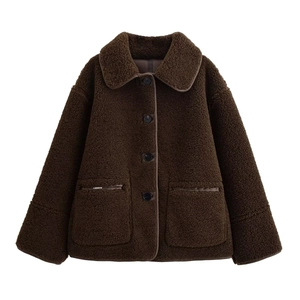 Women's dark coffee reversible sherpa fleece jacket with lapels and dual front pockets