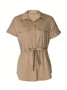 Women's safari style short sleeve khaki shirt with drawstring waist and chest pockets