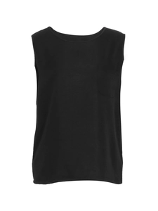 Women's casual cotton linen sleeveless top with crew neck and chest pocket in black