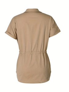 Khaki short sleeve safari shirt for women featuring a cinched waist and back view