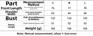 Detailed size chart for oversized hooded winter jacket showing length and bust measurements