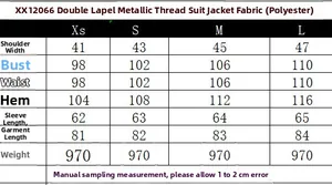 Detailed size guide table with measurements for the double-breasted metallic thread blazer